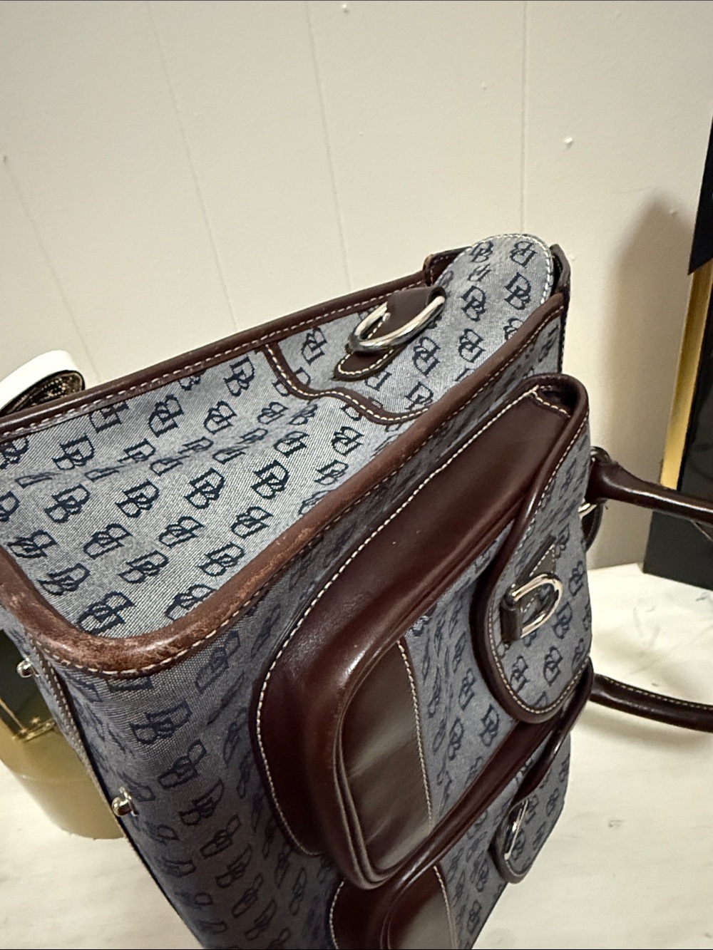 Dooney & Bourke Brown Leather Patterned Dual-Pocket Satchel with Top Handles - Picture 9 of 12